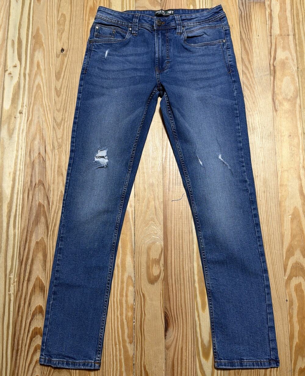 Free Planet Jeans Mens Size 30x32 Medium Wash Straight Leg Distressed Denim